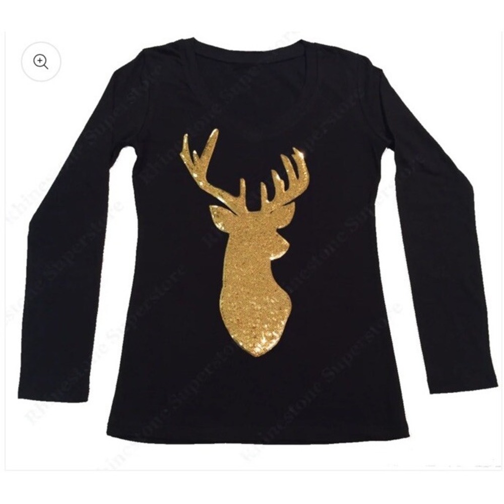 Women Reindeer Gold Sequined Holiday Shirt M Christmas Long Sleeve Top Deer Stag